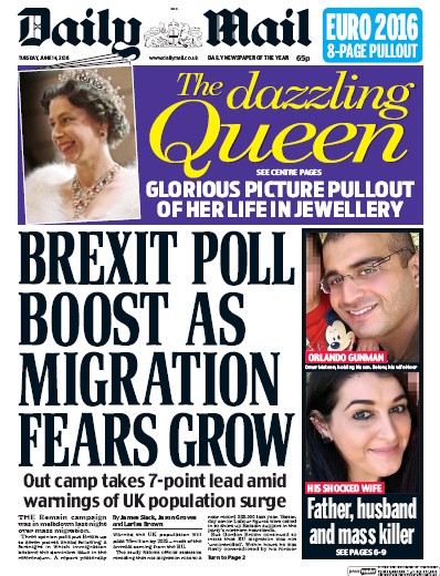 Daily Mail (UK) Newspaper Front Page for 14 June 2016