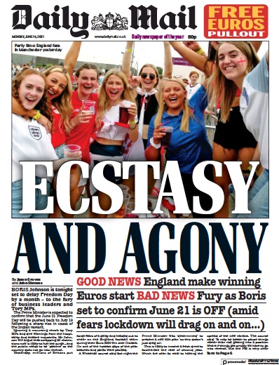 Daily Mail (UK) Newspaper Front Page for 14 June 2021