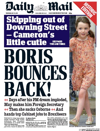 Daily Mail Newspaper Front Page for 14 July 2016