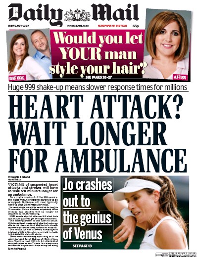 Daily Mail (UK) Newspaper Front Page for 14 July 2017