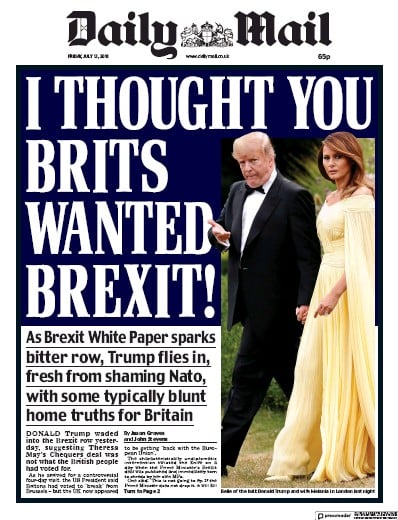 Daily Mail Newspaper Front Page for 14 July 2018