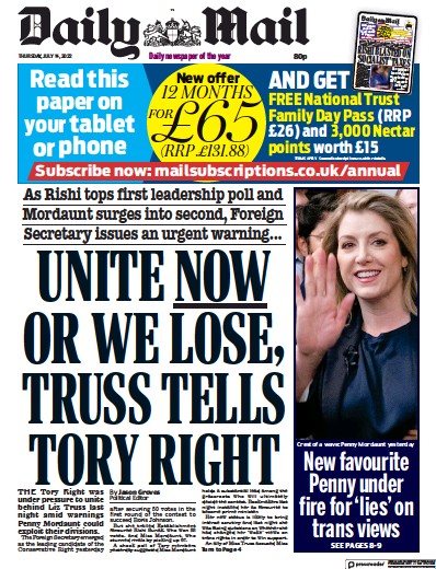 Daily Mail Newspaper Front Page for 14 July 2022