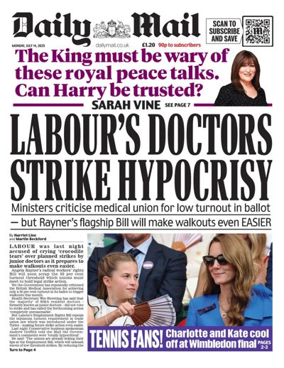 Daily Mail (UK) Newspaper Front Page for 14 July 2025