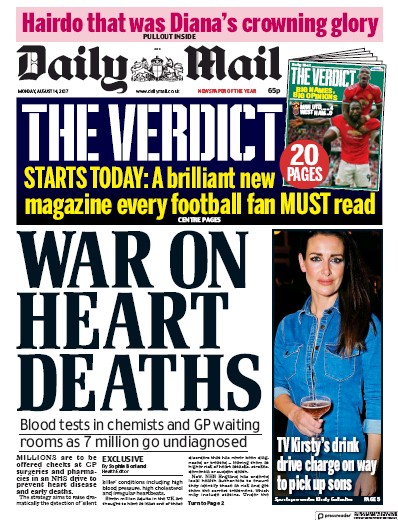 Daily Mail (UK) Newspaper Front Page for 14 August 2017