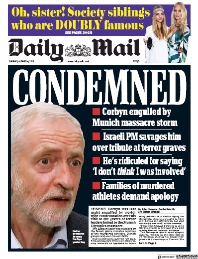 Daily Mail Newspaper Front Page for 14 August 2018