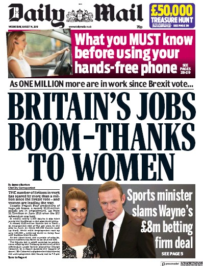 Daily Mail Newspaper Front Page for 14 August 2019