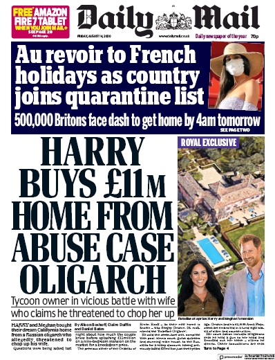 Daily Mail Newspaper Front Page for 14 August 2020