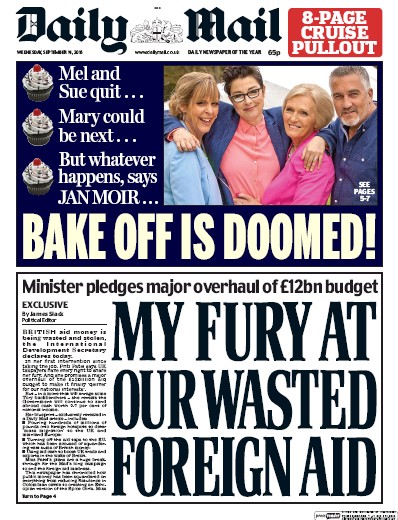 Daily Mail (UK) Newspaper Front Page for 14 September 2016