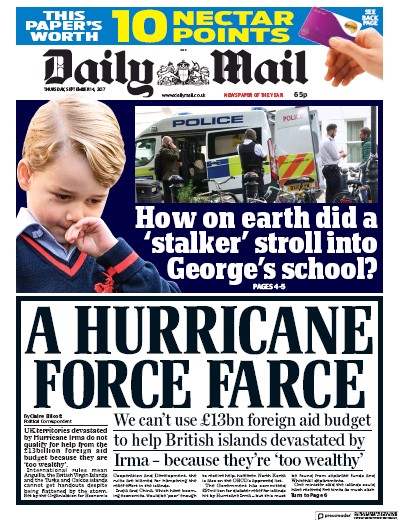 Daily Mail Newspaper Front Page for 14 September 2017