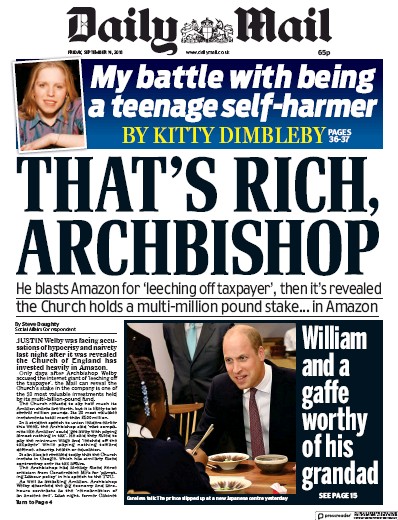 Daily Mail Newspaper Front Page for 14 September 2018