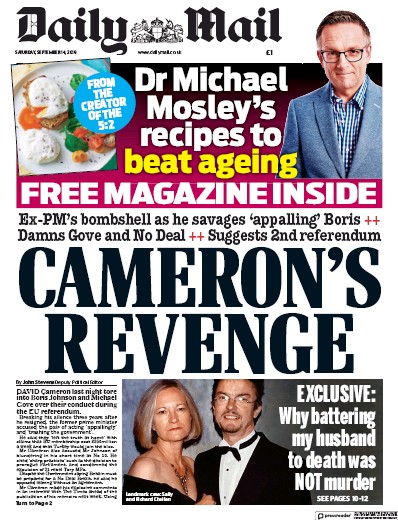 Daily Mail Newspaper Front Page for 14 September 2019
