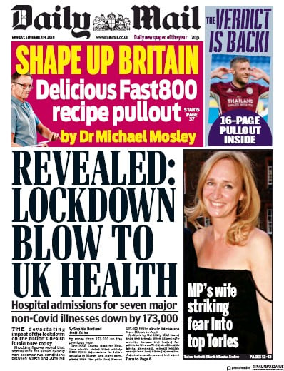 Daily Mail Newspaper Front Page for 14 September 2020