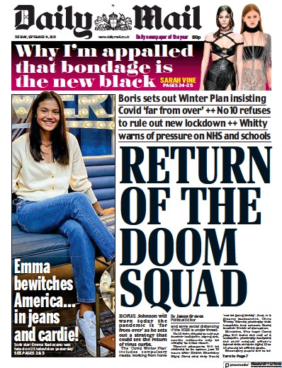 Daily Mail (UK) Newspaper Front Page for 14 September 2021