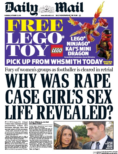 Daily Mail Newspaper Front Page for 15 October 2016