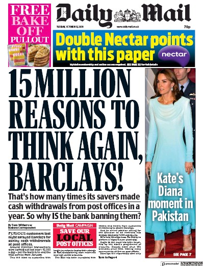 Daily Mail (UK) Newspaper Front Page for 15 October 2019