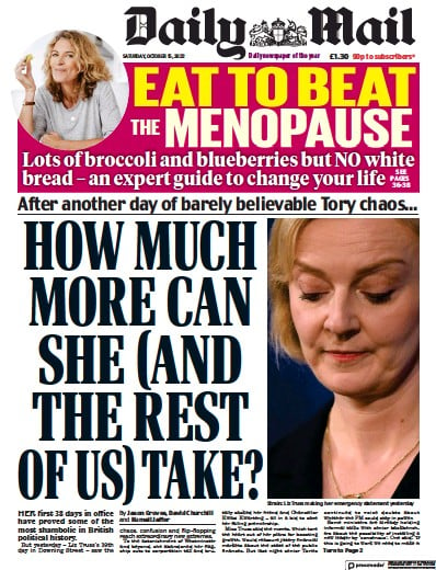 Daily Mail (UK) Newspaper Front Page for 15 October 2022