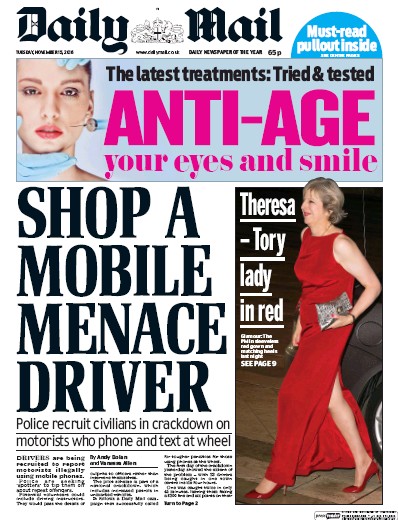 Daily Mail Newspaper Front Page for 15 November 2016
