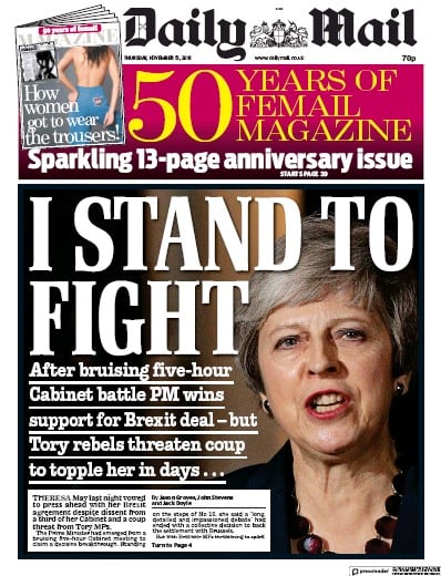 Daily Mail Newspaper Front Page for 15 November 2018