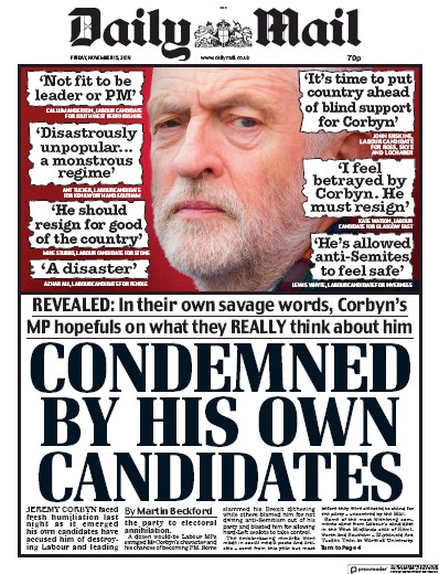 Daily Mail Newspaper Front Page for 15 November 2019