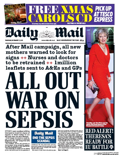 Daily Mail Newspaper Front Page for 15 December 2016