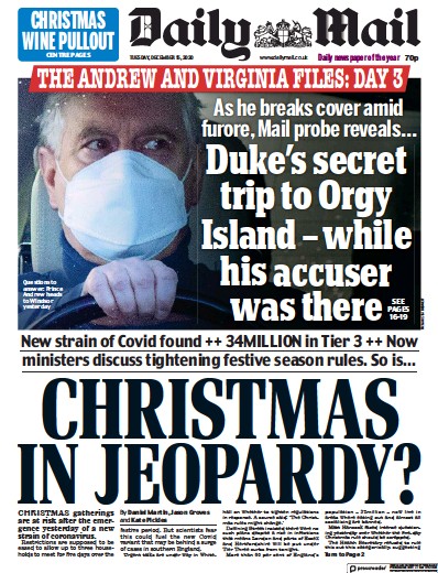 Daily Mail Newspaper Front Page for 15 December 2020