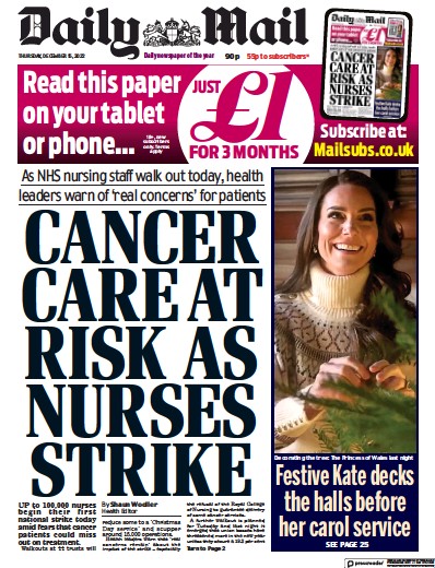Daily Mail Newspaper Front Page for 15 December 2022