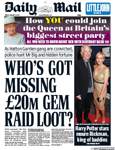 Daily Mail Newspaper Front Page for 15 January 2016