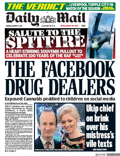 Daily Mail Newspaper Front Page for 15 January 2018