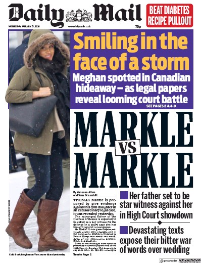 Daily Mail Newspaper Front Page for 15 January 2020