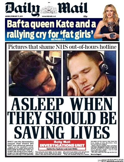 Daily Mail Newspaper Front Page for 15 February 2016