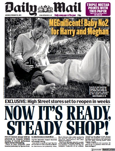 Daily Mail Newspaper Front Page for 15 February 2021