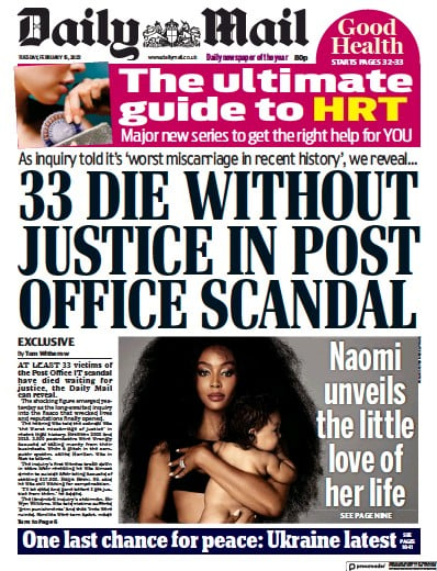 Daily Mail (UK) Newspaper Front Page for 15 February 2022