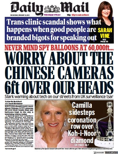 Daily Mail (UK) Newspaper Front Page for 15 February 2023