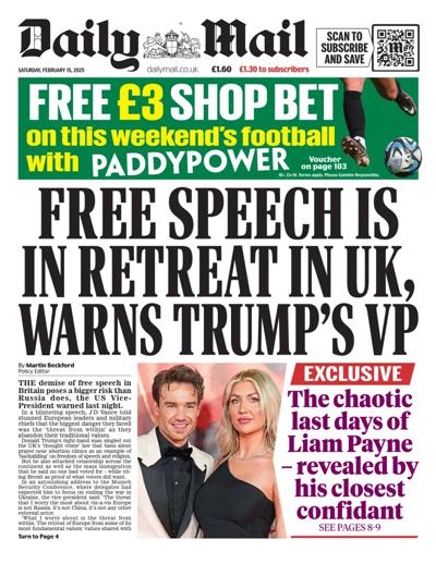Daily Mail (UK) Newspaper Front Page for 15 February 2025