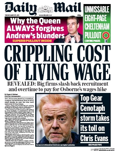 Daily Mail Newspaper Front Page for 15 March 2016