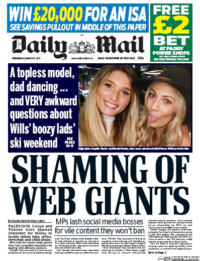 Daily Mail Newspaper Front Page for 15 March 2017