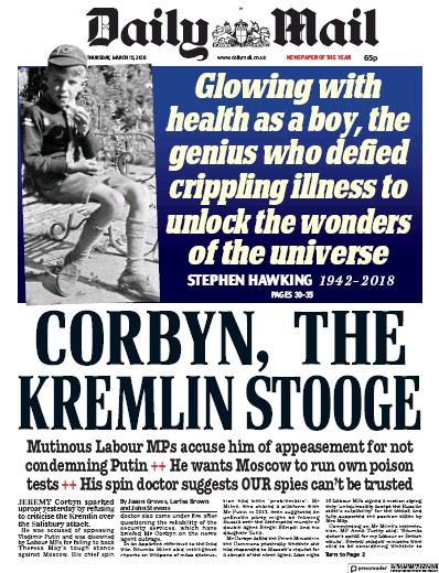 Daily Mail Newspaper Front Page for 15 March 2018