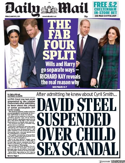 Daily Mail Newspaper Front Page for 15 March 2019