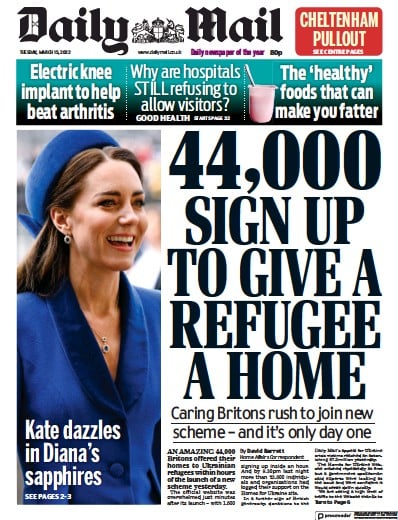Daily Mail Newspaper Front Page for 15 March 2022