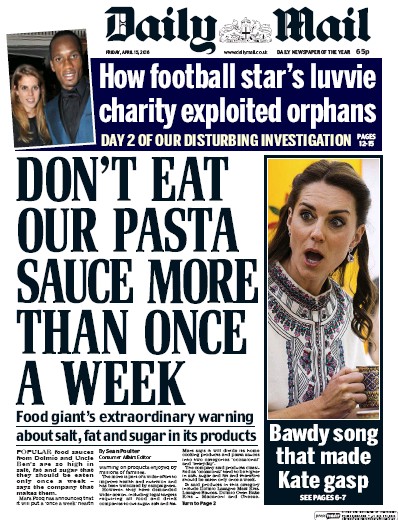 Daily Mail Newspaper Front Page for 15 April 2016