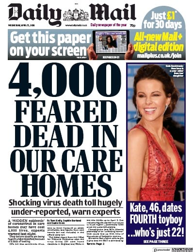Daily Mail Newspaper Front Page for 15 April 2020