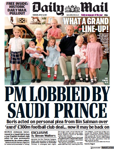 Daily Mail (UK) Newspaper Front Page for 15 April 2021