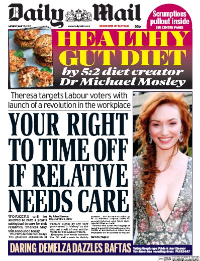 Daily Mail Newspaper Front Page for 15 May 2017