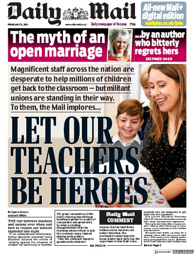 Daily Mail Newspaper Front Page for 15 May 2020