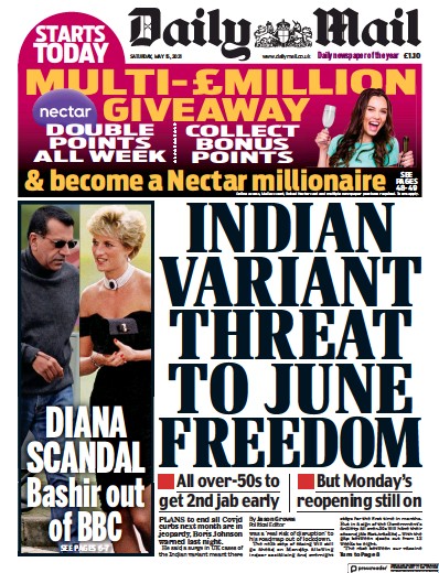 Daily Mail (UK) Newspaper Front Page for 15 May 2021
