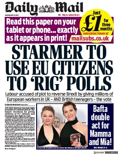 Daily Mail (UK) Newspaper Front Page for 15 May 2023