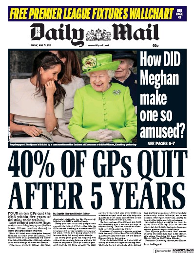 Daily Mail Newspaper Front Page for 15 June 2018