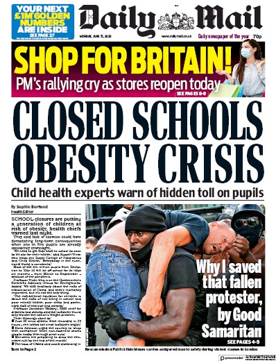 Daily Mail Newspaper Front Page for 15 June 2020