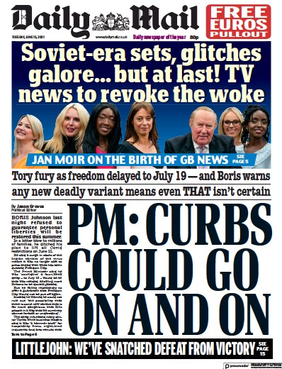 Daily Mail (UK) Newspaper Front Page for 15 June 2021
