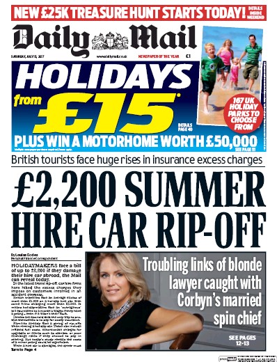 Daily Mail Newspaper Front Page for 15 July 2017